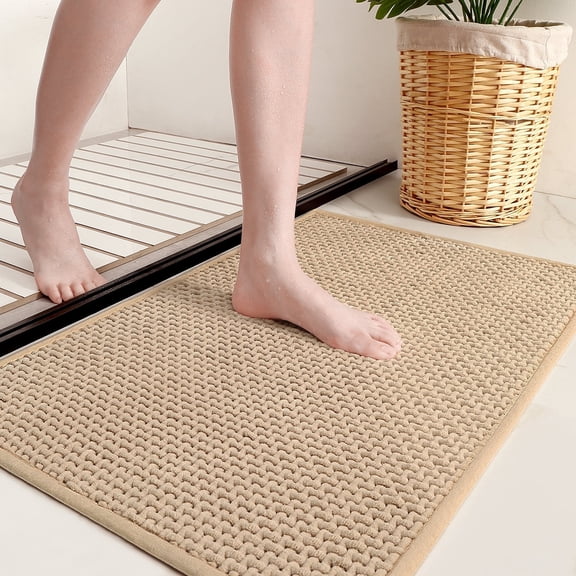 PABUBE Beige Chenille Bath Rug for Bathroom Floor, 16" x 24", Soft Plush Absorbent Quick Dry Non-Slip Machine Washable