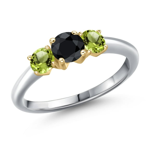 Gem Stone King 10K Two Tone Gold Black Sapphire and Green Peridot Engagement Ring for Women | 1.29 Cttw | Round 5MM | Gemstone September Birthstone | Size 6