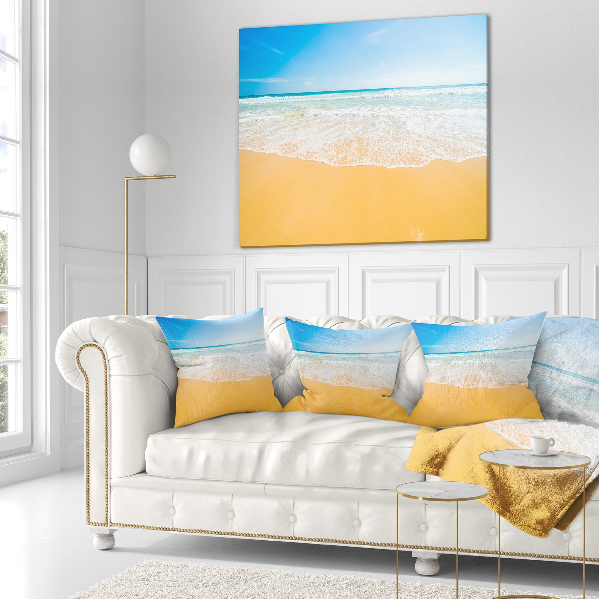 Designart Long Waves on Sand under Blue Sky - Seascape Throw Pillow - 18x18