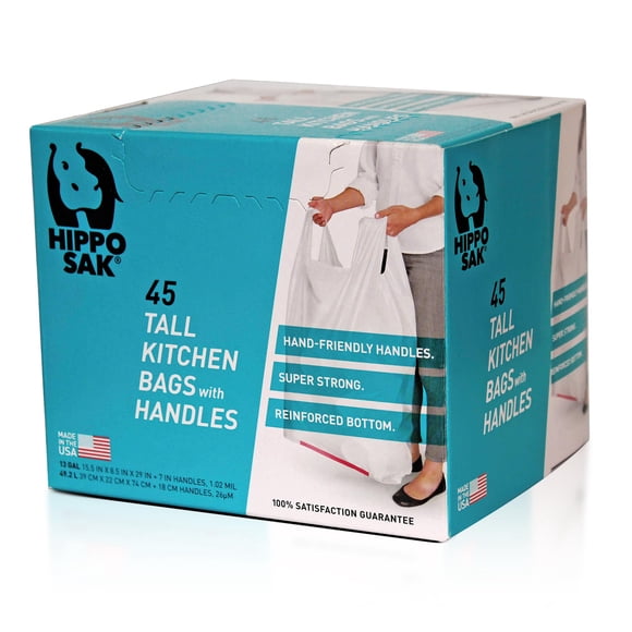 Bolsas de basura Hippo Sak Kitchen de 13 galones con asas, 45 unidades