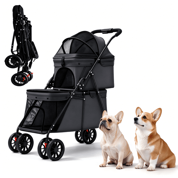 Double Deck Pet Stroller for 2 Dogs Cats, Foldable Dual-Layer Pet Travel Stroller with Mesh Windows, 8 Wheels, Waterproof Oxford Fabric, 53 lbs Capacity, Black