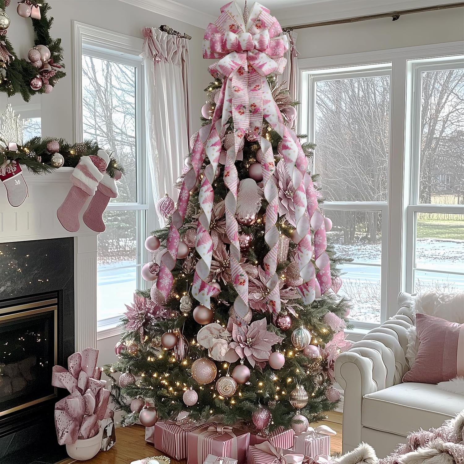 Large Christmas Tree Topper Bow 52x13 Inch, Pre-Tied Wired Ribbon Wreath Bows, Xmas Ornaments with Long Wired Edge Streamer for Holiday Thanksgiving Indoor Outdoor Party Decoration (Pink)