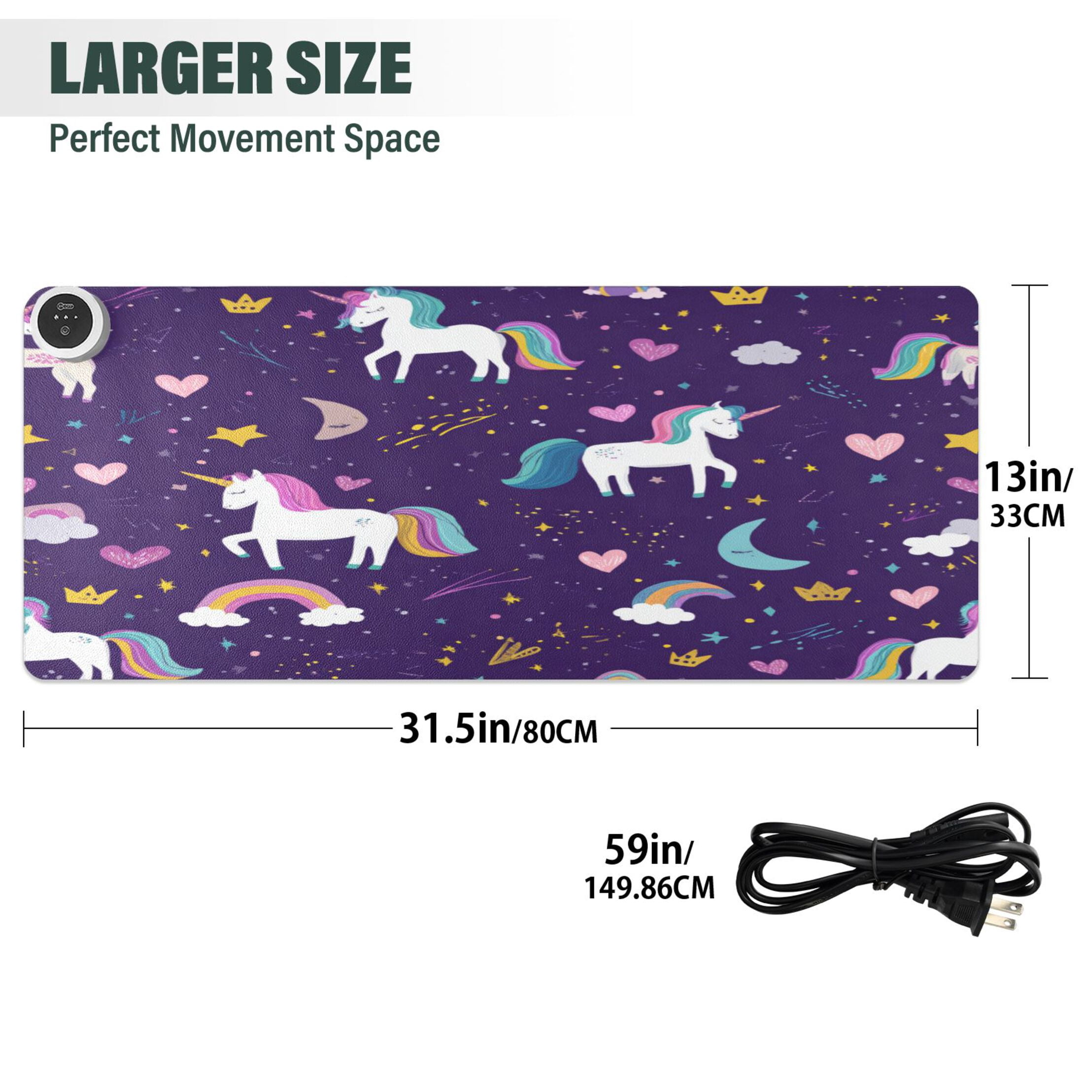 Large Heated Desk Mat Mouse Pad 31.5"x13"PU Leather Graphene Heating Desk Warmer with 3 Temperature Settings 110V US Plug Non-Slip Warm Pad for Home, Office, and Gaming Dark Purple Unicorn Print
