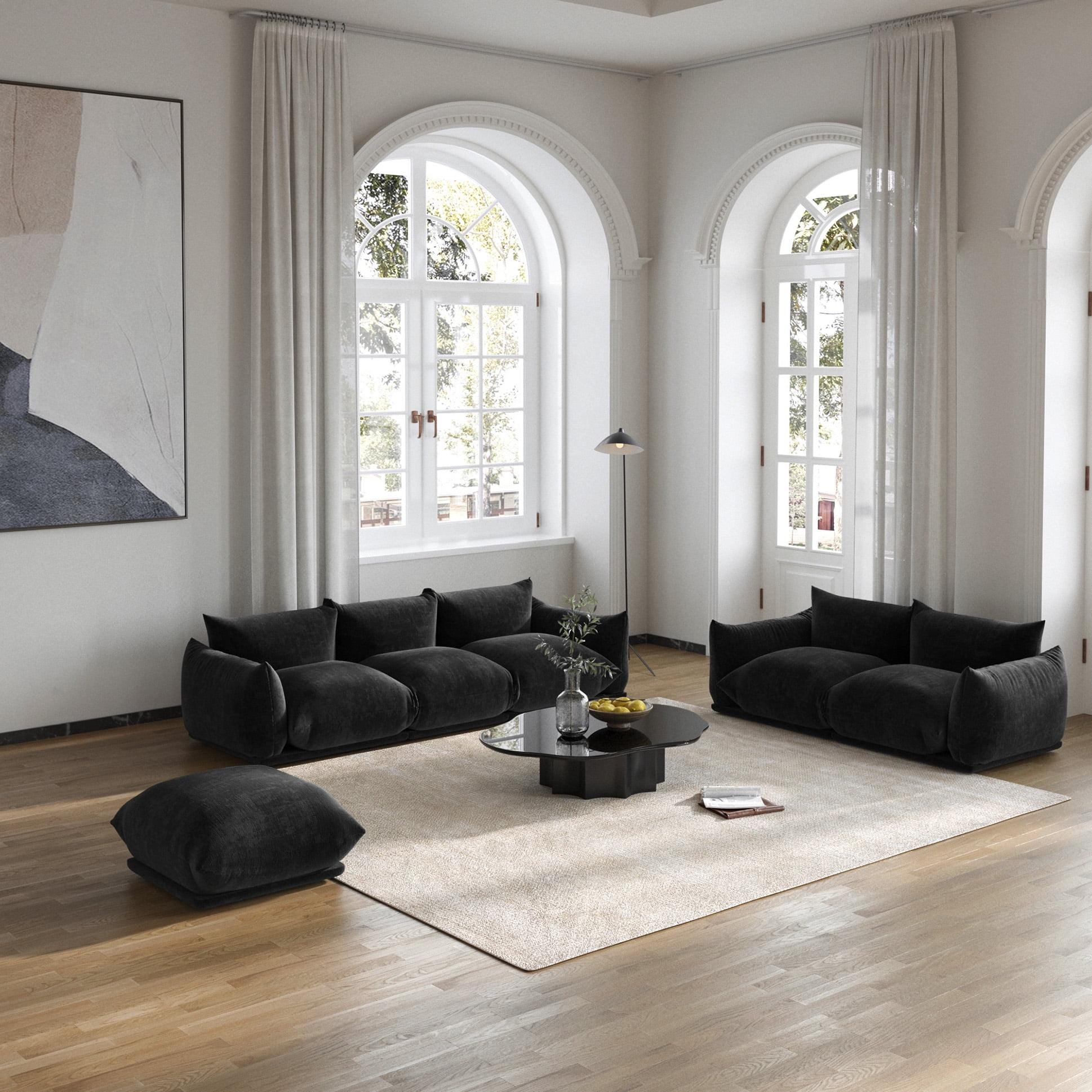 bokifol 3Pcs Sectional Sofa with Ottoman for Living Room,3 Seat Sectional Cloud Couch and Loveseat Sets,Living Room Furniture Set,Black
