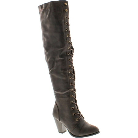 

FOREVER CAMILA-48 Womens Chunky Heel Lace Up Over The Knee High Riding Boots Brown 6.5