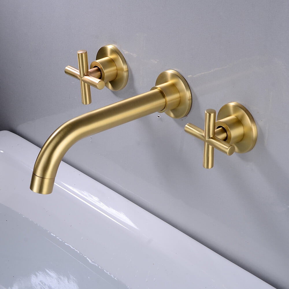 Bathroom Brass Faucet Sink Tub Wall Mounted 3-Hole Dual Handle Mixer Tap