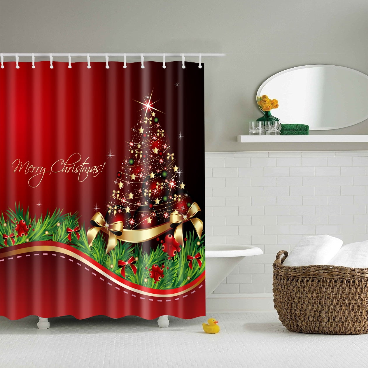 Merry Christmas Waterproof Shower Curtain Set with Hooks Bathroom Accessories Size 71x71 inches