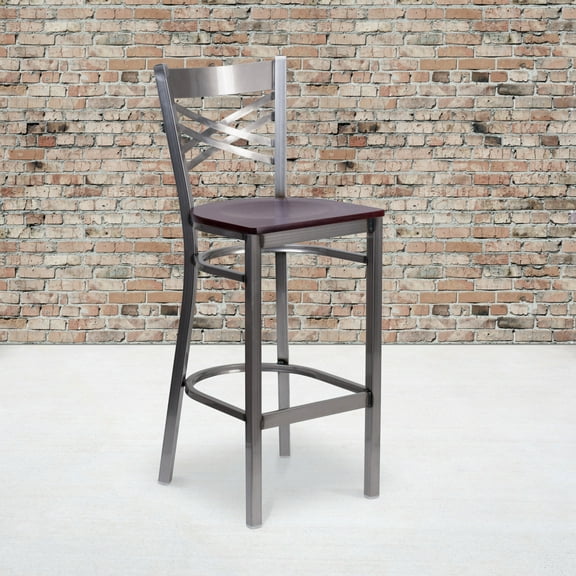 Flash Furniture Silver Antique Finish with Clear Coat ''X'' Back Metal Restaurant Barstool - Mahogany Wood Seat