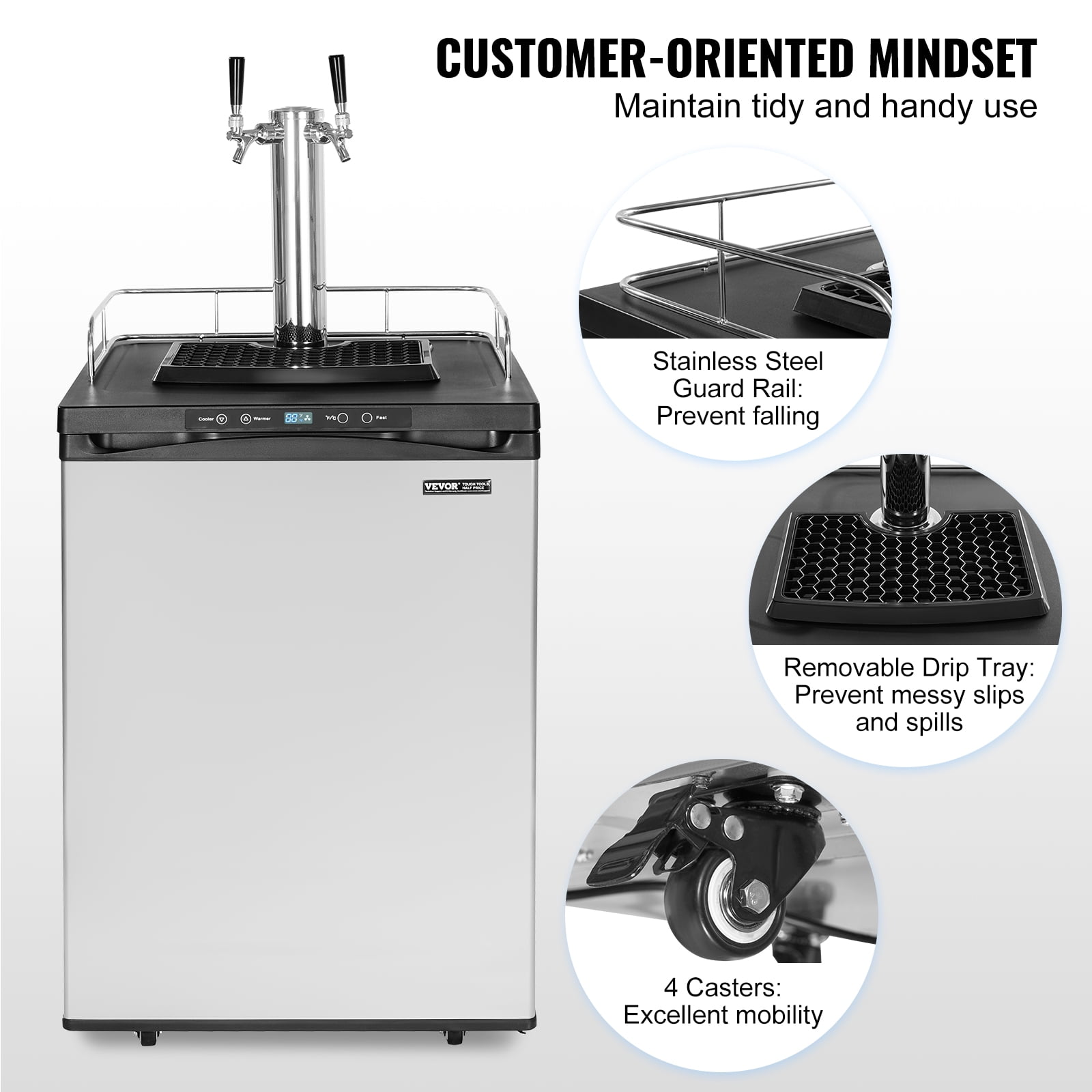 VEVOR Beer Kegerator, Dual Tap Draft Beer Dispenser, Full Size Keg Refrigerator With Shelf, CO2 Tank(No Gas), Drip Tray & Rail, 23°F- 82.4°F Temperature Control, 162L, Silver