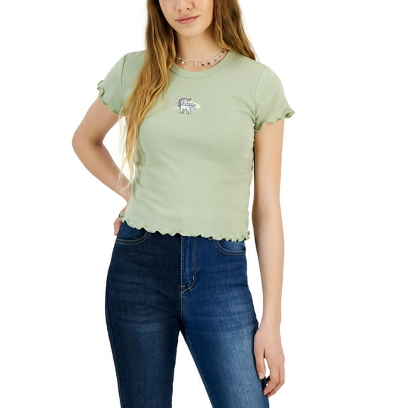 Juniors' Embroidered Lettuce-Edge T-Shirt Sage S