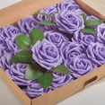 thumbnail image 3 of Scheam 25 Pieces Artificial Foam Rose Flowers Vintage Fake Roses DIY Bouquets Boutonnieres with Leaves and Stems for Wedding Bridal Shower Banquet Party Centerpieces Decor (Purple), 3 of 7