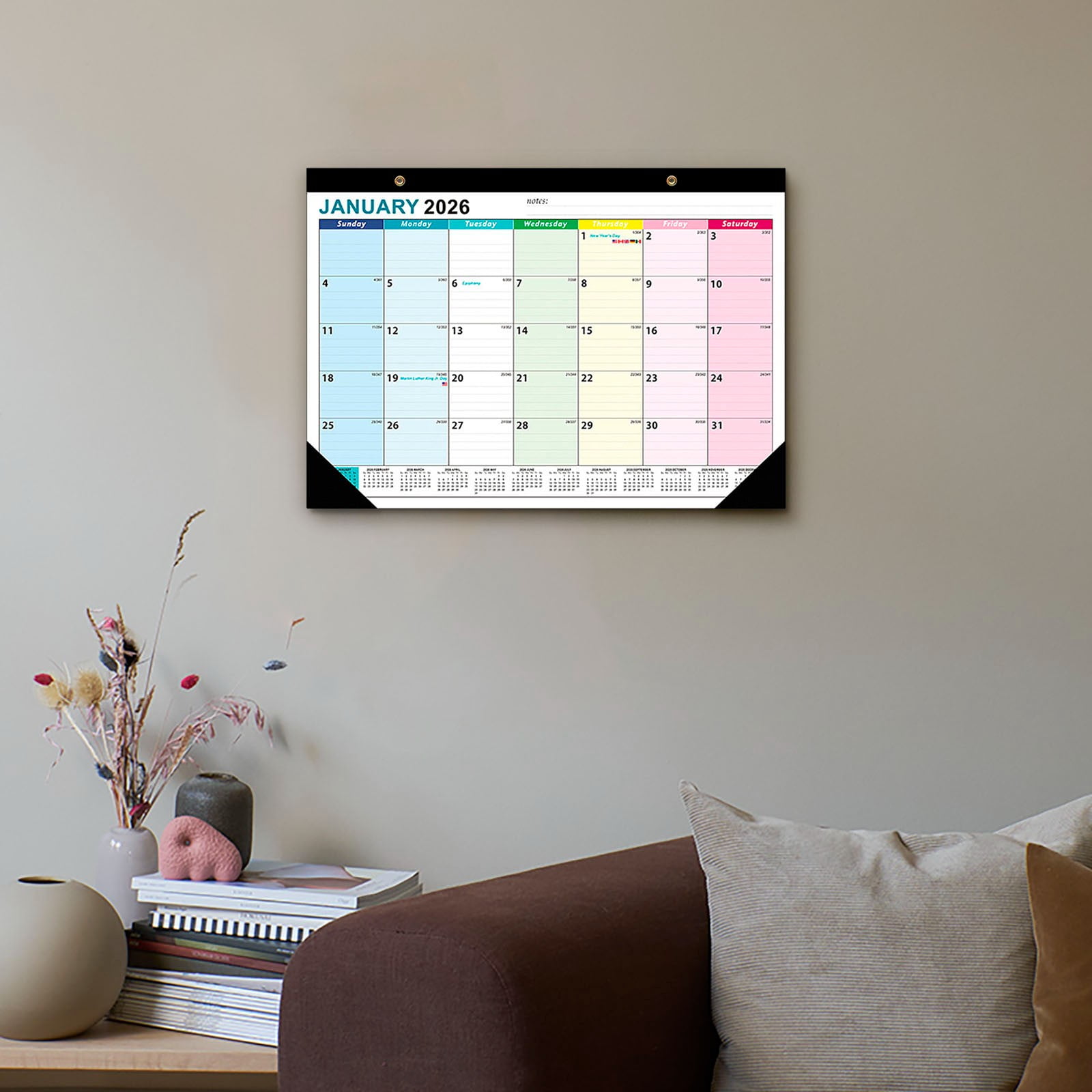 COM1950s Wall Calendar 2026, Large Format with Monthly Watercolor Art, Thick Paper No Bleed, for Home Office Planning