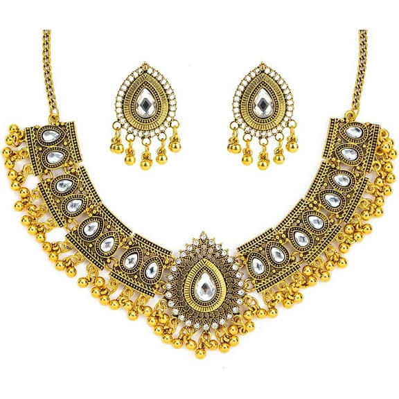Indian Bridal Jewelry Set for Women Antique Oxidized Gold Plated Choker Necklace with Cubic Zirconia Jhumka Tassel Earrings Traditional Wedding Party Festival Wear Boho Ethnic Statement Jewelry