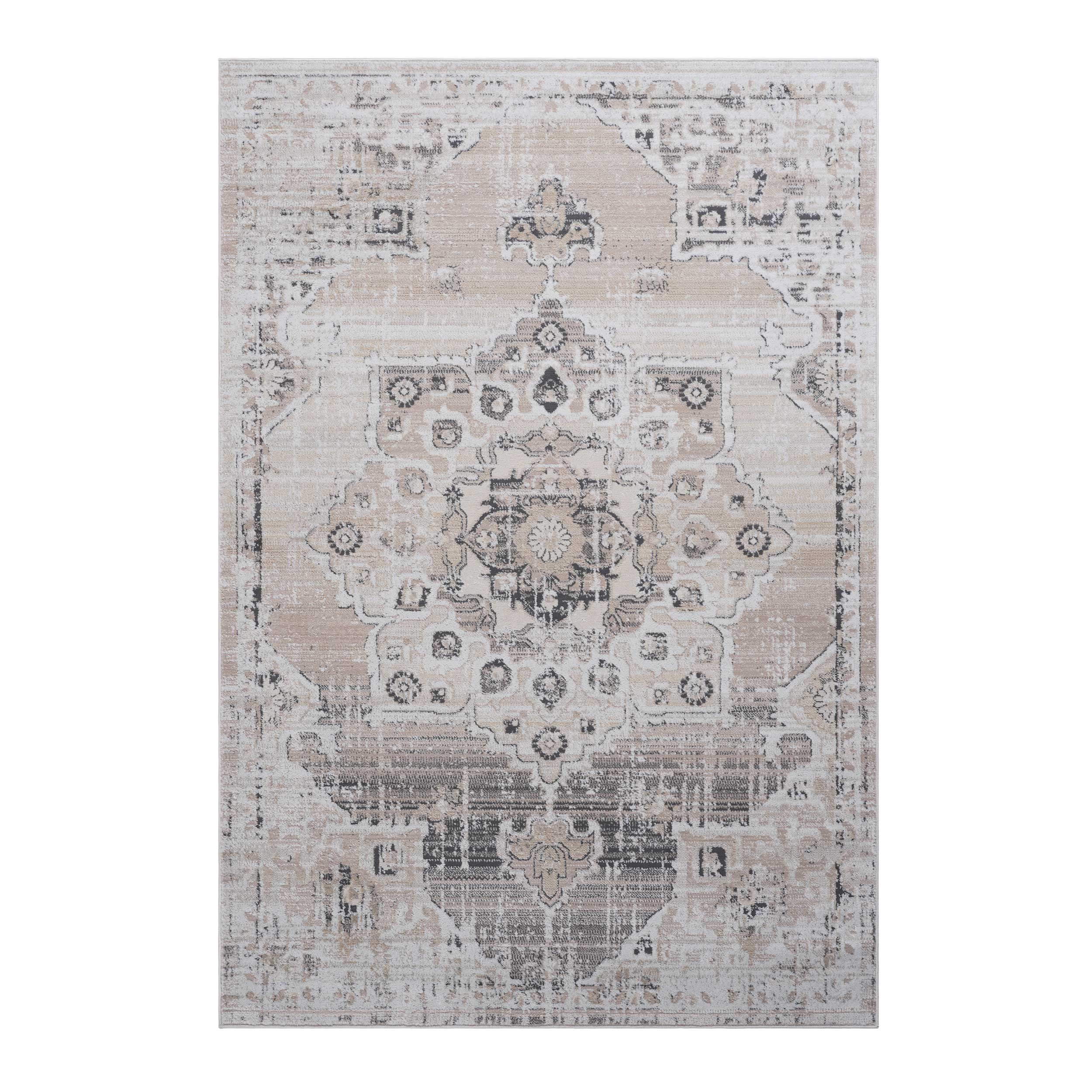 5X7 Cream Beige Medallion Area Rug Non Shedding Stain Resistant Kid Pet Friendly Medium Pile Cotton Backing Latex Free Living Room Bedroom Dining Home Office Rug