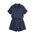 thumbnail image 4 of ClodeEU Women's 2 Piece Linen Cotton Outfits,Collared Button Down Shirt and High Waist Wide Leg Shorts Set,Casual Summer Loungewear with Pockets Navy,Women's Plus M, 4 of 8