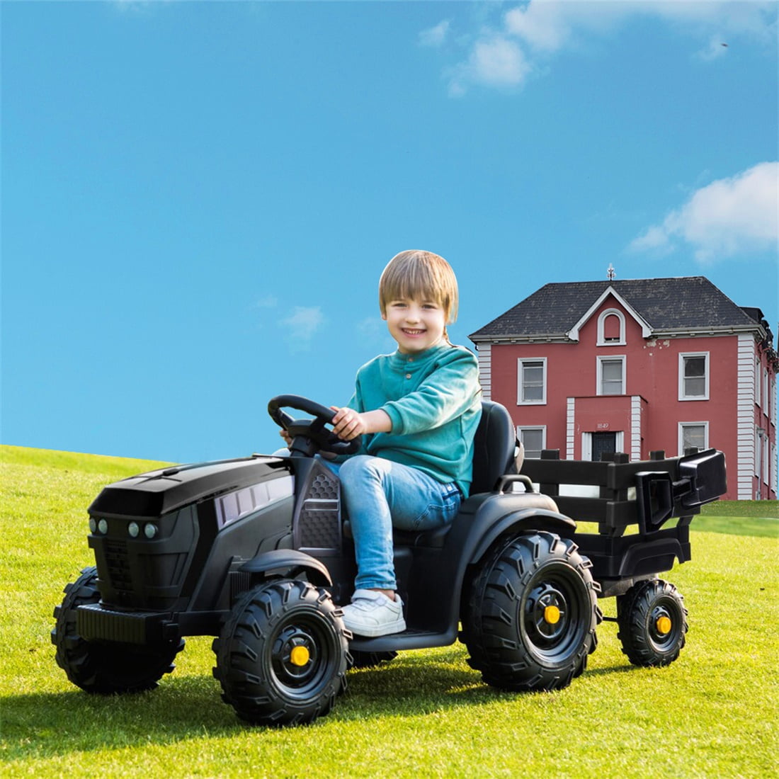 12V Ride on Tractor with Trailer, Battery Powered Electric Vehicle, Toy Car Ground Loader w/2 Speeds, Detachable Wagon, Shovel, MP3 Player, Radio, Black