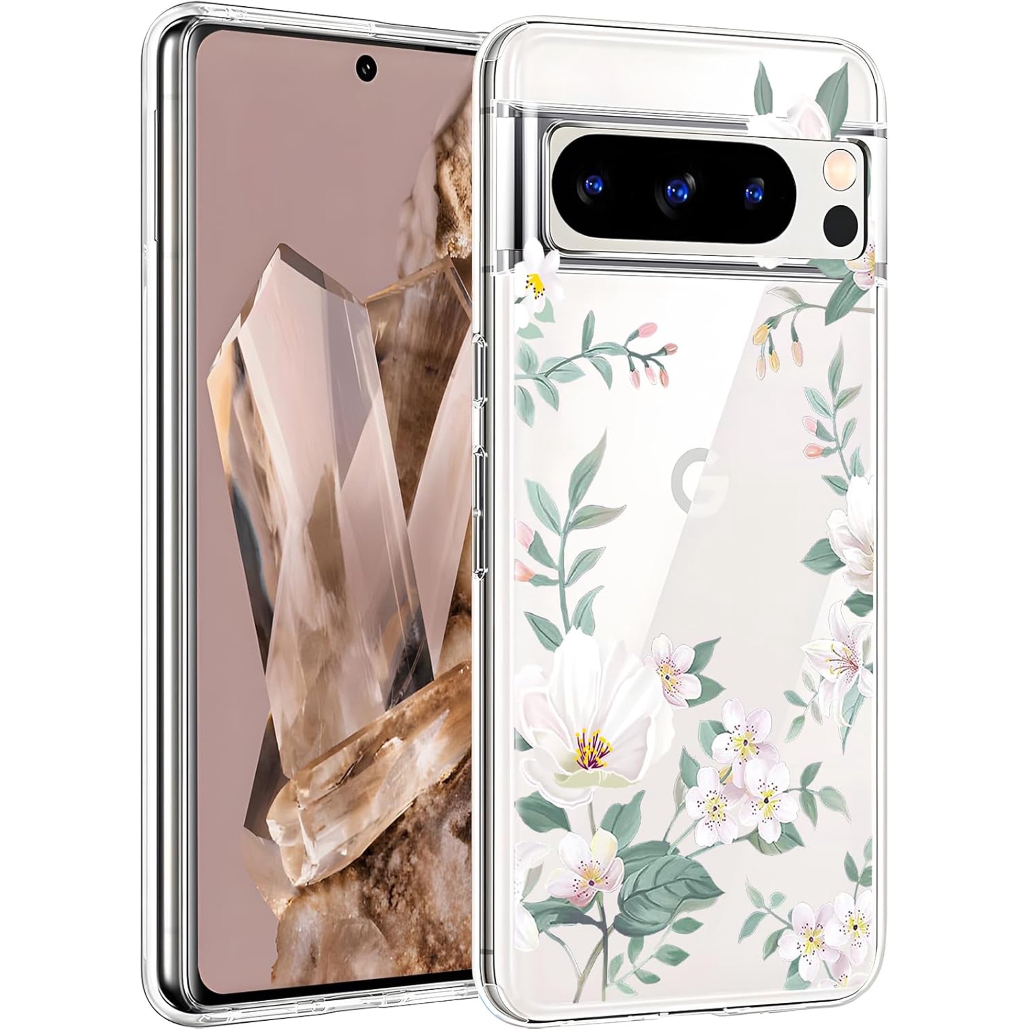 for Google Pixel 8 Pro Crystal Clear Flower Case Soft TPU Transparent Flexible Slim Thin Floral Pattern Print Design Protective Phone Cover Girls Women, Magnolia