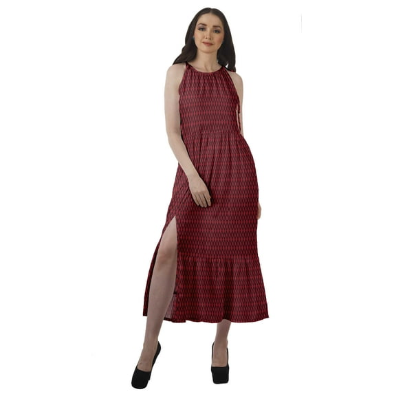 Moomaya Rayon Halter Neck Sleeveless Front Slit Holiday Dress Women Printed Gown