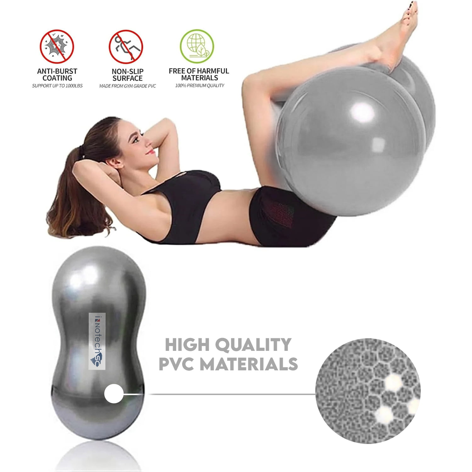 InnotechSC Peanut Ball – Anti-Burst Exercise Ball for Labor, Physical Therapy, Kids, Core Strength, Flexible Seating, Home & Gym Fitness, Sensory Chair Wiggle Seat (Includes Pump) Gray
