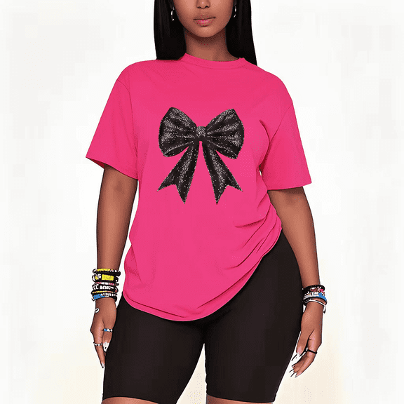 Womens 2 Piece Oversized Lounge Outfit Casual Summer Sets Glitter Bow Graphic Cute Printed T-Shirt and Short Matching Clothing Set-pink-3XL