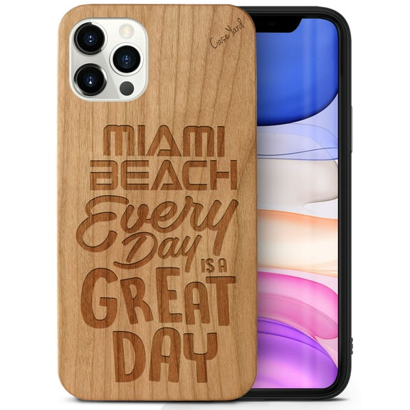 Case Yard Wooden Case Outside Soft TPU Silicone Slim Fit Shockproof Wood Phone Cover for Girls Boys Men and Women Supports Wireless Charging Miami Beach Great Day Design case for iPhone-12-Pro-Max