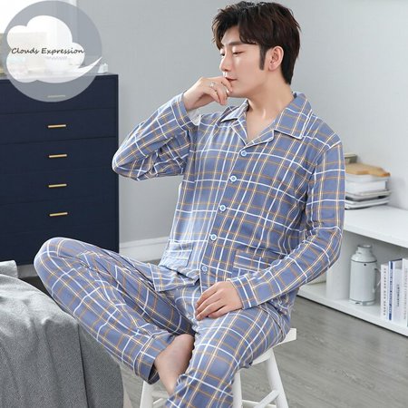 

QWZNDZGR Spring Autumn Knitted Cotton Long Pajama Sets Plaid Sleepwear PJ Pyjamas Men s Sleep & Lounge Home Fashion