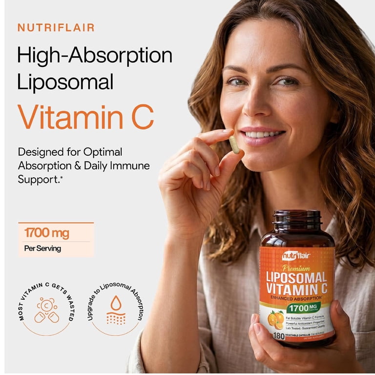 NutriFlair Liposomal Vitamin C 1700mg 180 Capsules for Immune Support and Skin Health