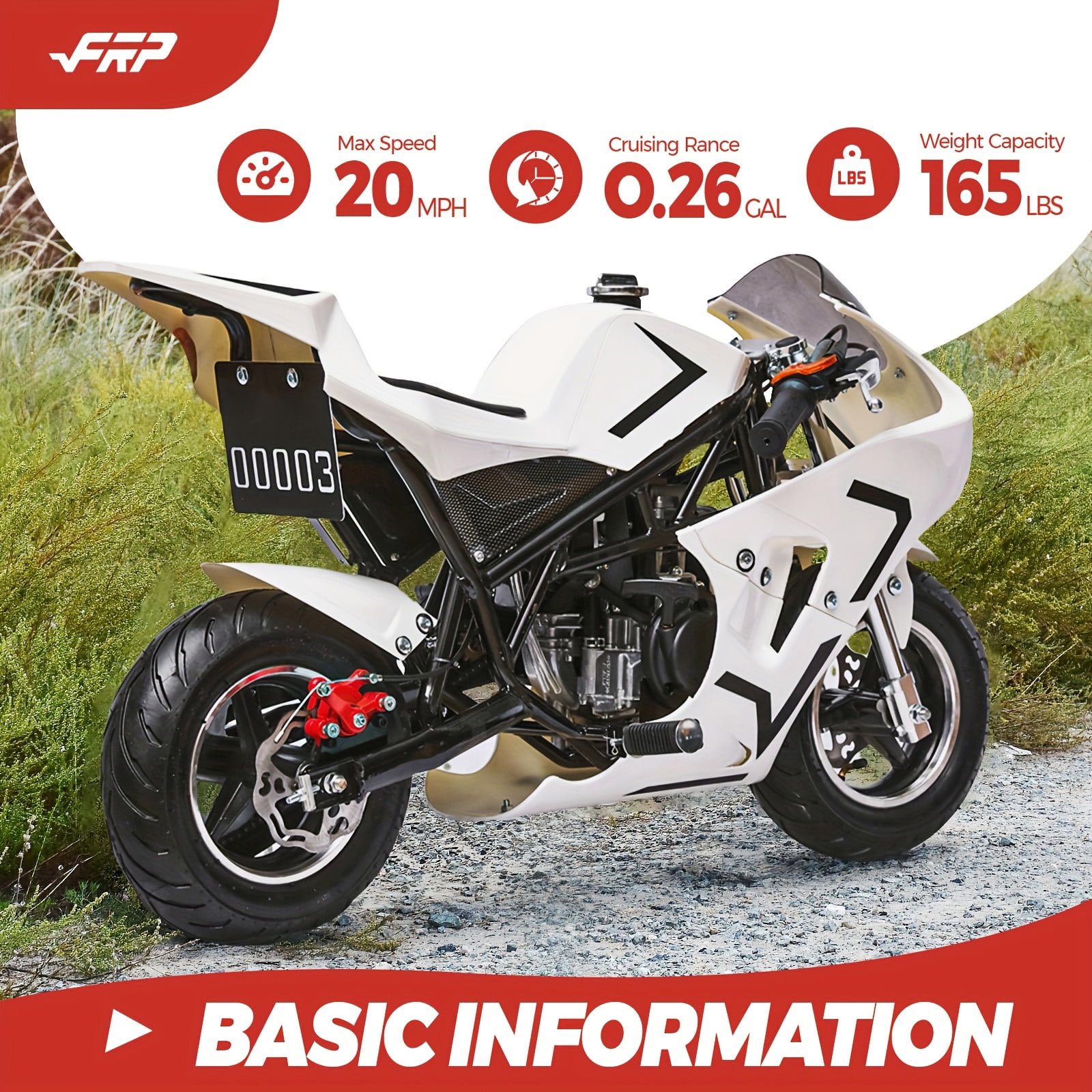 FRP 2 Stroke MiniBike 03, Pocket Bike for Kids W/ Strong Dual Brake, Realistic Racing Pocket Rocket Max Speed 20 Mph, Mini Bike Max Weight 165 LB-Ultra Edition, White
