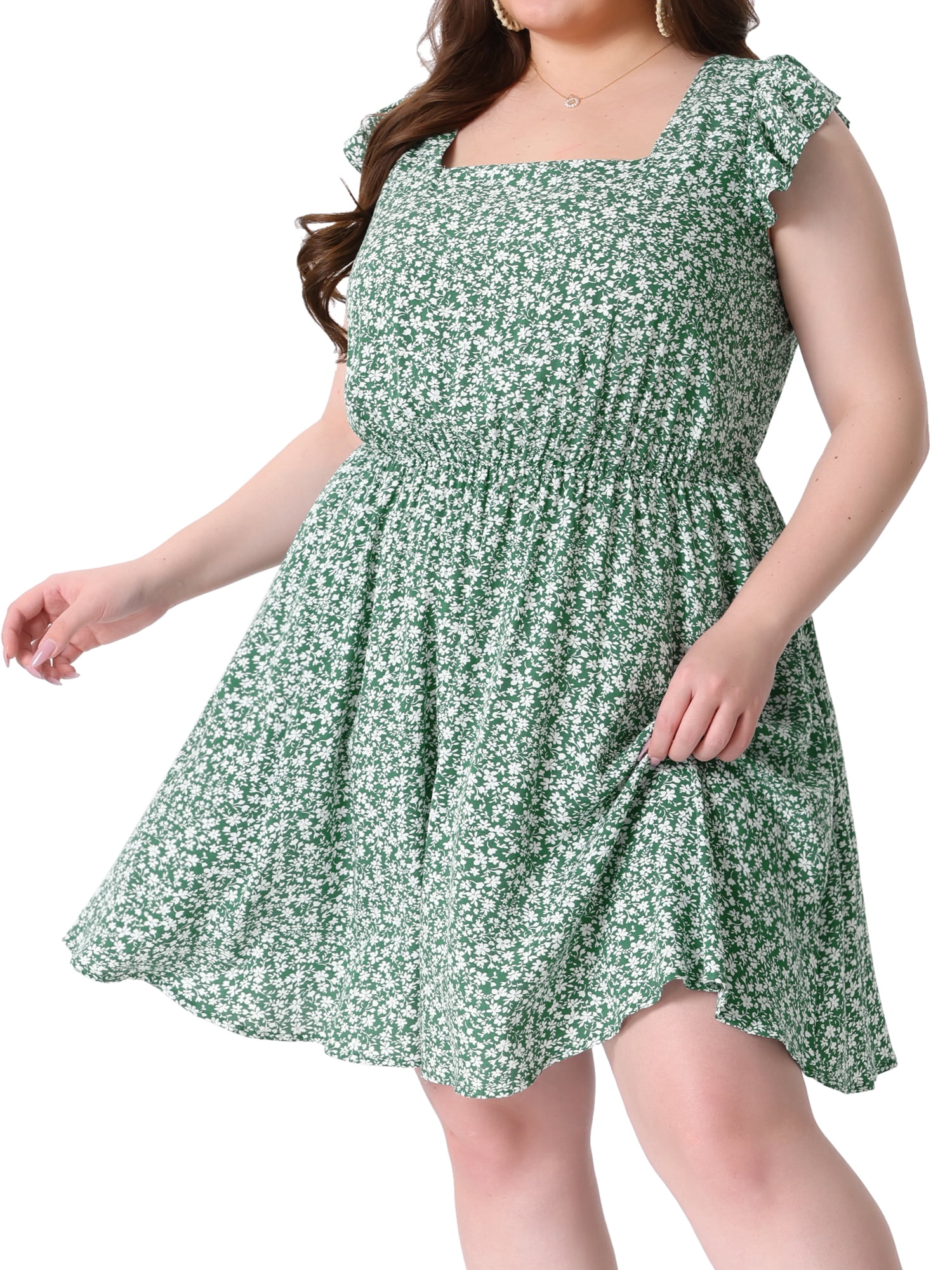 DARING DIVA Women's Plus Size Square Neck Ruffle Short Sleeve Midi Dress 3X Light Green