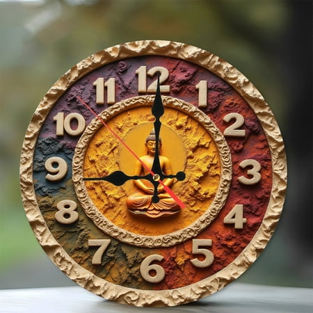 Buddha Statue Wall Clock Home Decor 10-Inch Silent Wooden Wall Clock, Battery Operated (AA Batteries Not Included), Artistic Home Decor