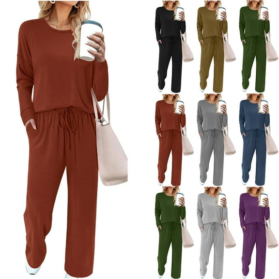 Dazajoo Womens Lounge Sets 2 Piece Crewneck Long Sleeve Tops Elastic Waist Straight Leg Pants Casual Travel Tracksuits Outfits,Gray,M