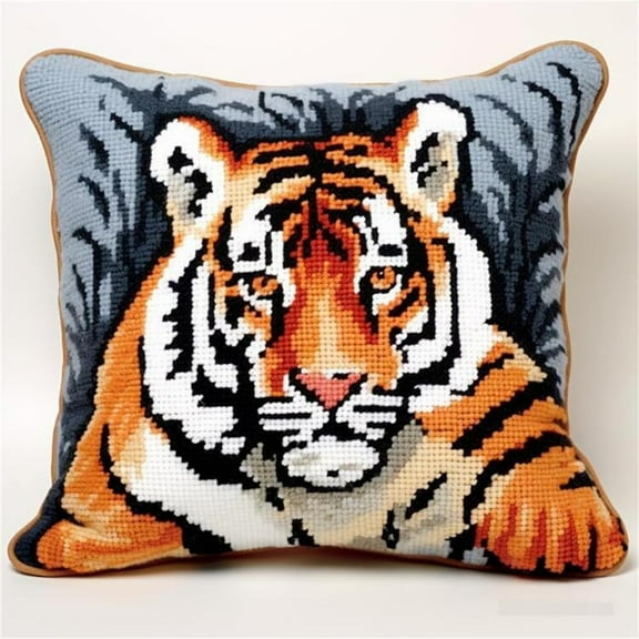 DIY Latch Hook Rug Kits Tiger Portrait Latch Hook Kits Cartoon Animals Latch Hook Kits Pillow Cover Sofa Cushion Beginners DIY Crochet Yarn Kits Craft Home Decoration 17x17 inches