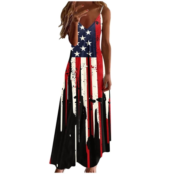 4th of July Maxi Dress for Women - Casual V Neck Patriotic USA Flags Print Sleeveless Spaghetti Strap Ankle Length Summer Vacation Dress