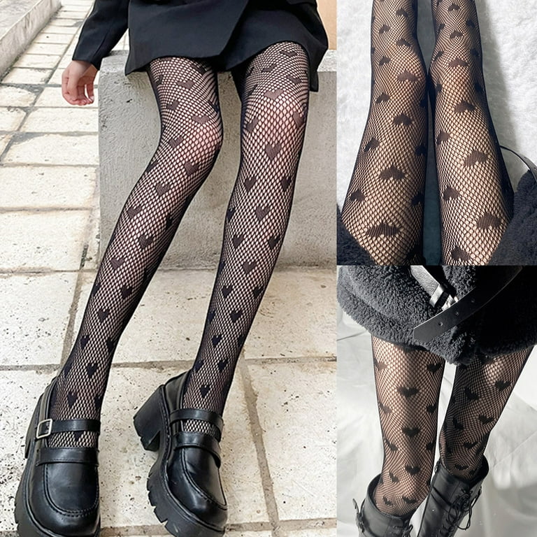 GENEMA Japanese Style Women Sexy Lace Pantyhose Sweet Love Heart Pattern  Jacquard Tights Gothic Punk Lolita Hollow Out Fishnet Mesh Hosiery Stockings