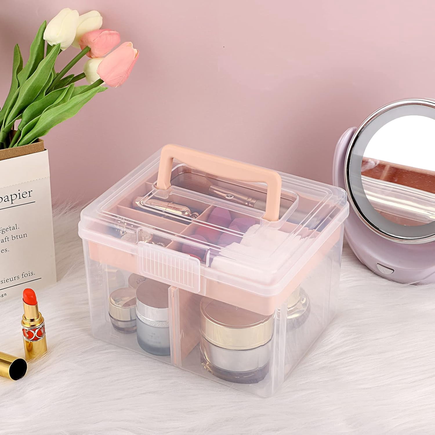 ABPETE 2 Layer Clear Plastic Dividing Storage Box with Removable Tray Multipurpose Stationery Storage Box with Handle Portable Sewing Box Art Craft Supply Organizer Home Utility Box (Small Pink)