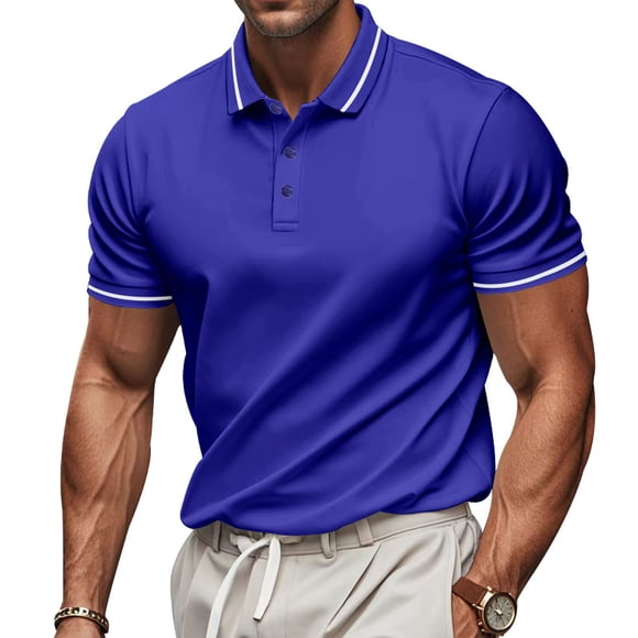 Mens Casual Outdoor Polo Shirt Solid Color Button Collar Top Golf Shirt