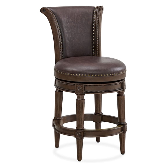 ROME OAK Runyan Swivel Counter Stool - High Back - Dark Walnut Brown Vegan Leather