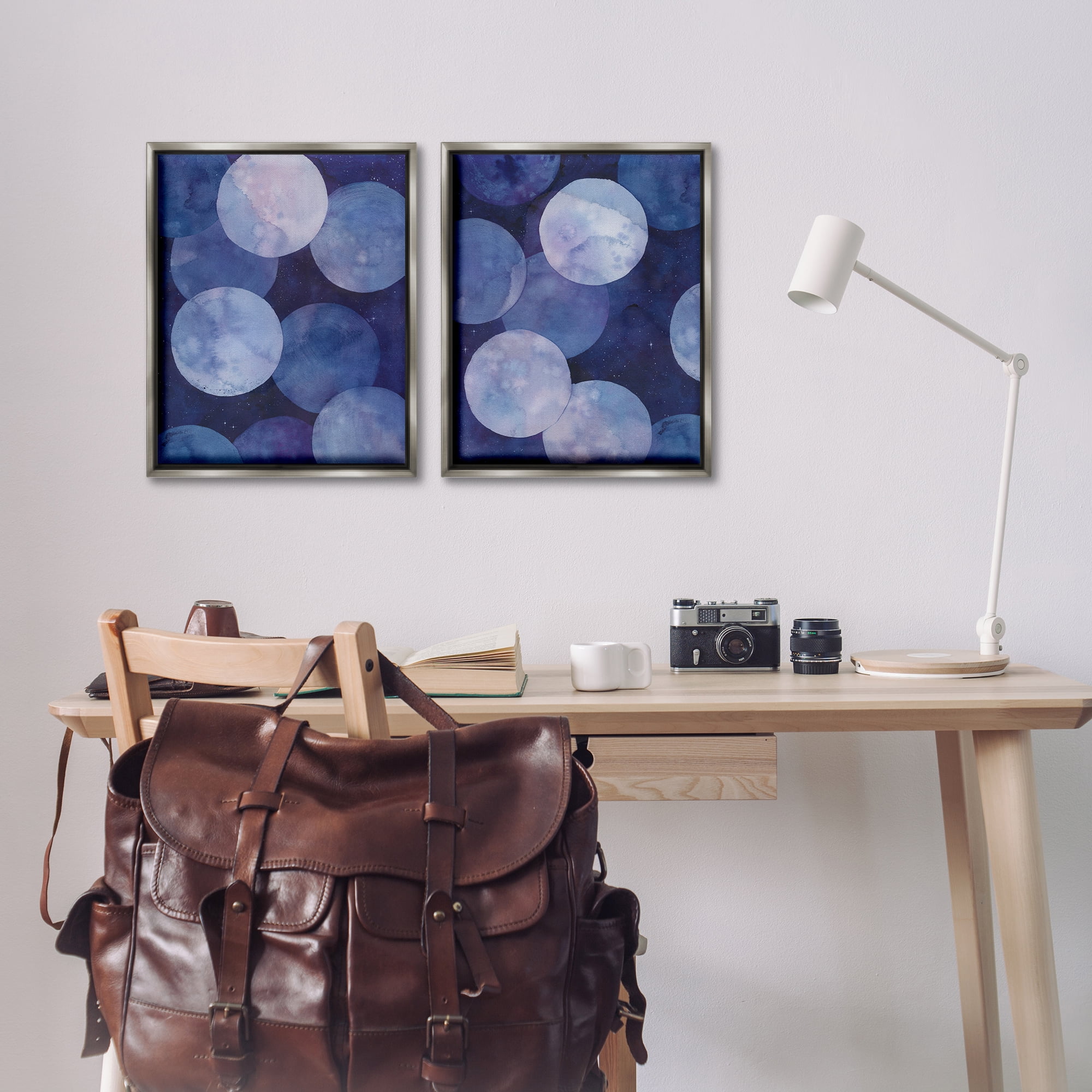 Stupell Industries Abstract Blue Purple Circle Bubbles Abstract Painting Gray Floater Framed Canvas Art Print Wall Art, 17 x 21, Set of 2