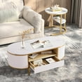 thumbnail image 2 of Modern Fluted Coffee Table, 47.24" Oval Coffee Table with Drawer & Faux Marble Top, Curved Center Table with Gold Metal Leg for Living Room Home Office, 2 of 7