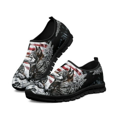 Women Flat Shoe American Flag and Wolf Printing Walking Breathable Sneakers Breath Mesh Shoes Non Slip Loafers