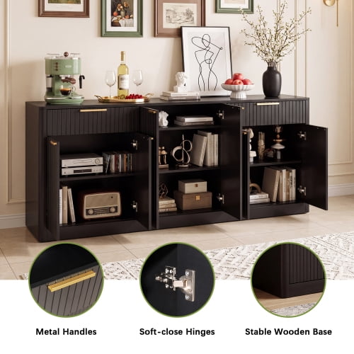 67" Fluted Buffet Sideboard, Modern Wine Bar Cabinet with 6 Doors & 2 Drawers, Coffee Bar Credenza for Dining Room, Living Room, Entryway, Black