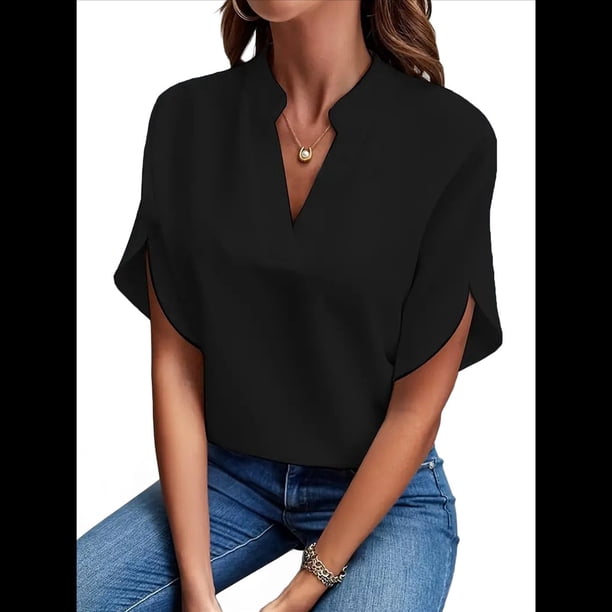 Blusa de para Mujer, Cuello en V, Estilo Túnica Elegante. Negro S
