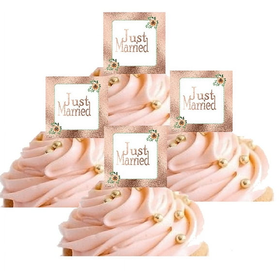 24pk Antique Rose Gold Glitter Just Married Hand Crafted Glitter Cupcake Decoration Topper Picks