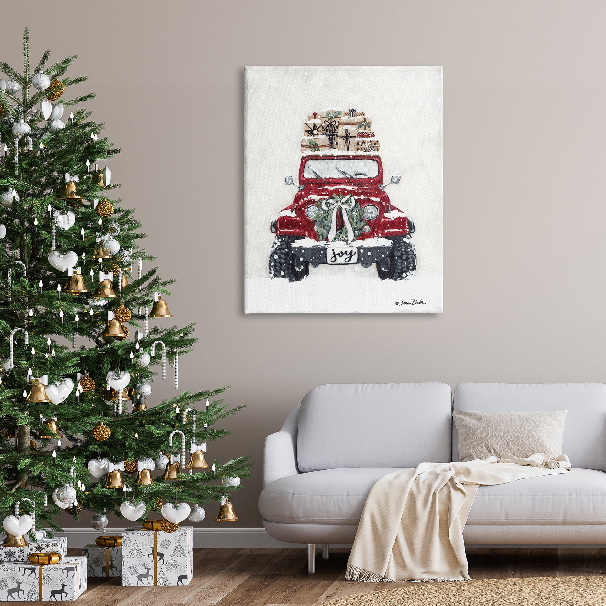 Festive Red Truck Christmas Presents Snowscape Flurry Transportation Painting Gallery-Wrapped Canvas Print Wall Art