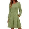 thumbnail image 2 of YUGYXL Spring Dress for Women Long Sleeve Fall Flowy Dresses Crew Neck Babydoll Casual Winter Dress with Pockets Clothes Green M, 2 of 8