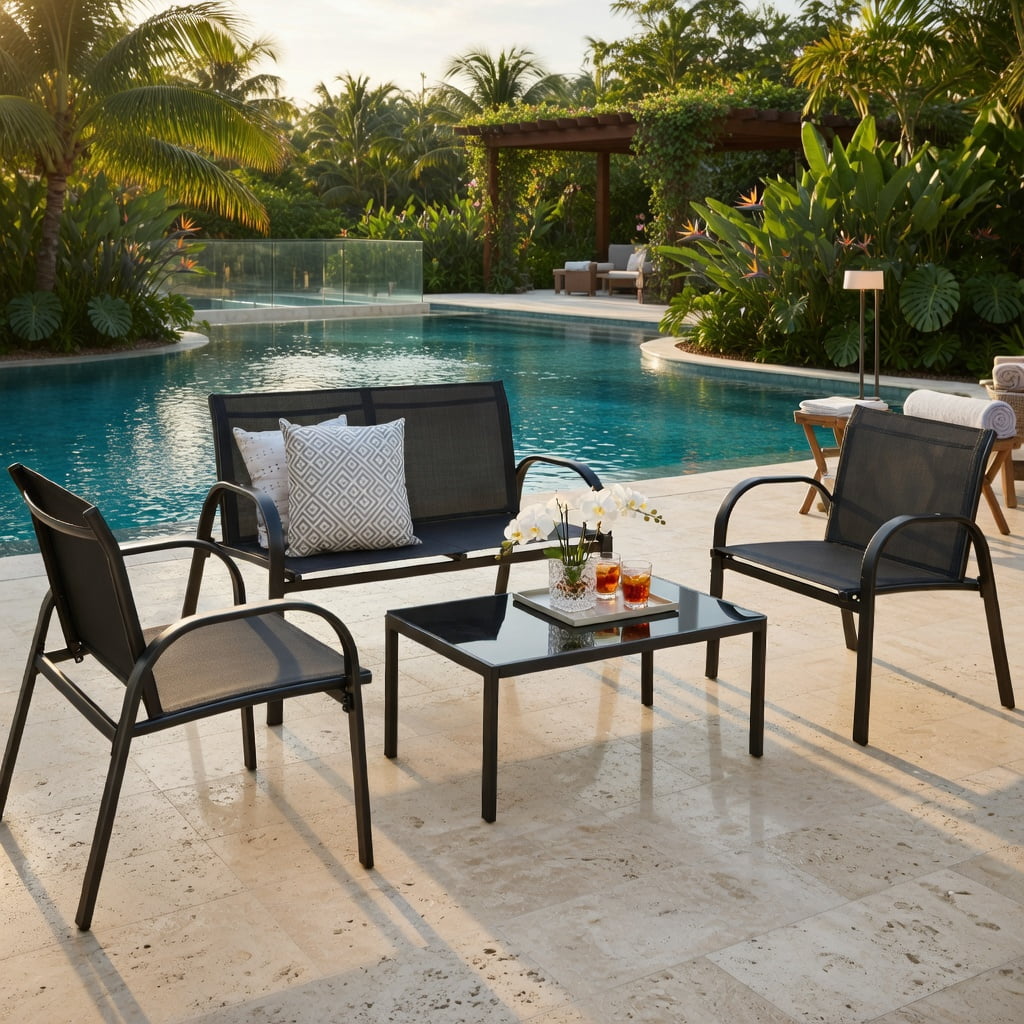Hommoo 4-Piece Modern Outdoor Patio Furniture Set, Steel Frame Loveseat, Two Single Sofas & Tempered Glass Top Coffee Table for Backyard, Deck or Balcony, Black
