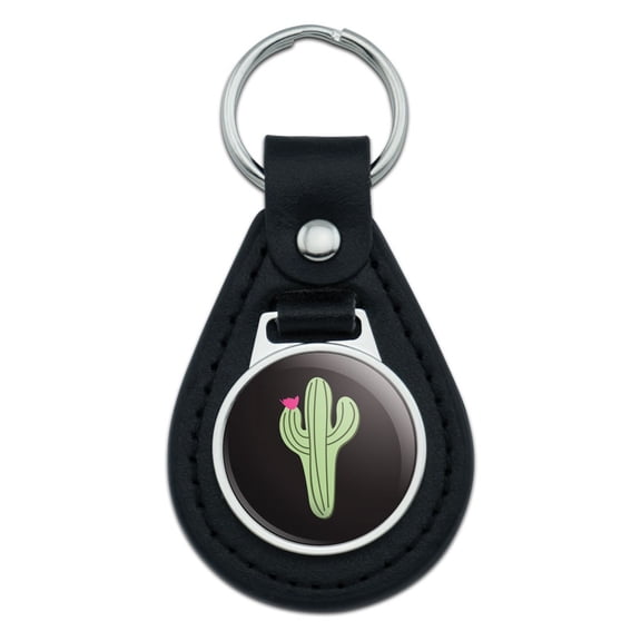Cactus Succulent Desert Plant Flowering on Black Black Leather Keychain