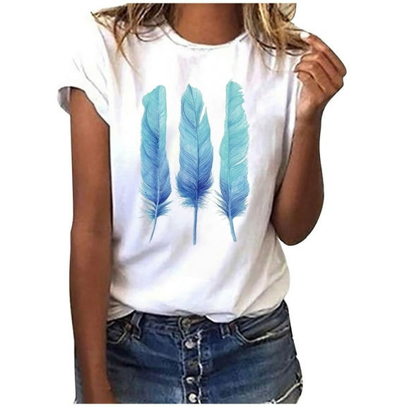 Aoochasliy Womens Blouses Short Sleeve 2023 T-Shirt Graphic Feather Prints Round Neck Casual T Shirts Blouse
