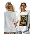 thumbnail image 7 of Women's T-Shirt Vintage Japanese Cat Funny Black Cat Eat Ramen Short Sleeve Casual Tee Classic Crew Neck T Shirt for Women White, XS, 7 of 7