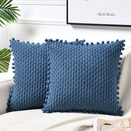 

Fancy Homi Set of 2 Dusty Blue Decorative Throw Pillow Covers 16x16 inch with Pom-poms for Couch Bed Sofa Rustic Farmhouse Boho Home Decor Soft Plush Corduroy Cute Cushion Case 16x16